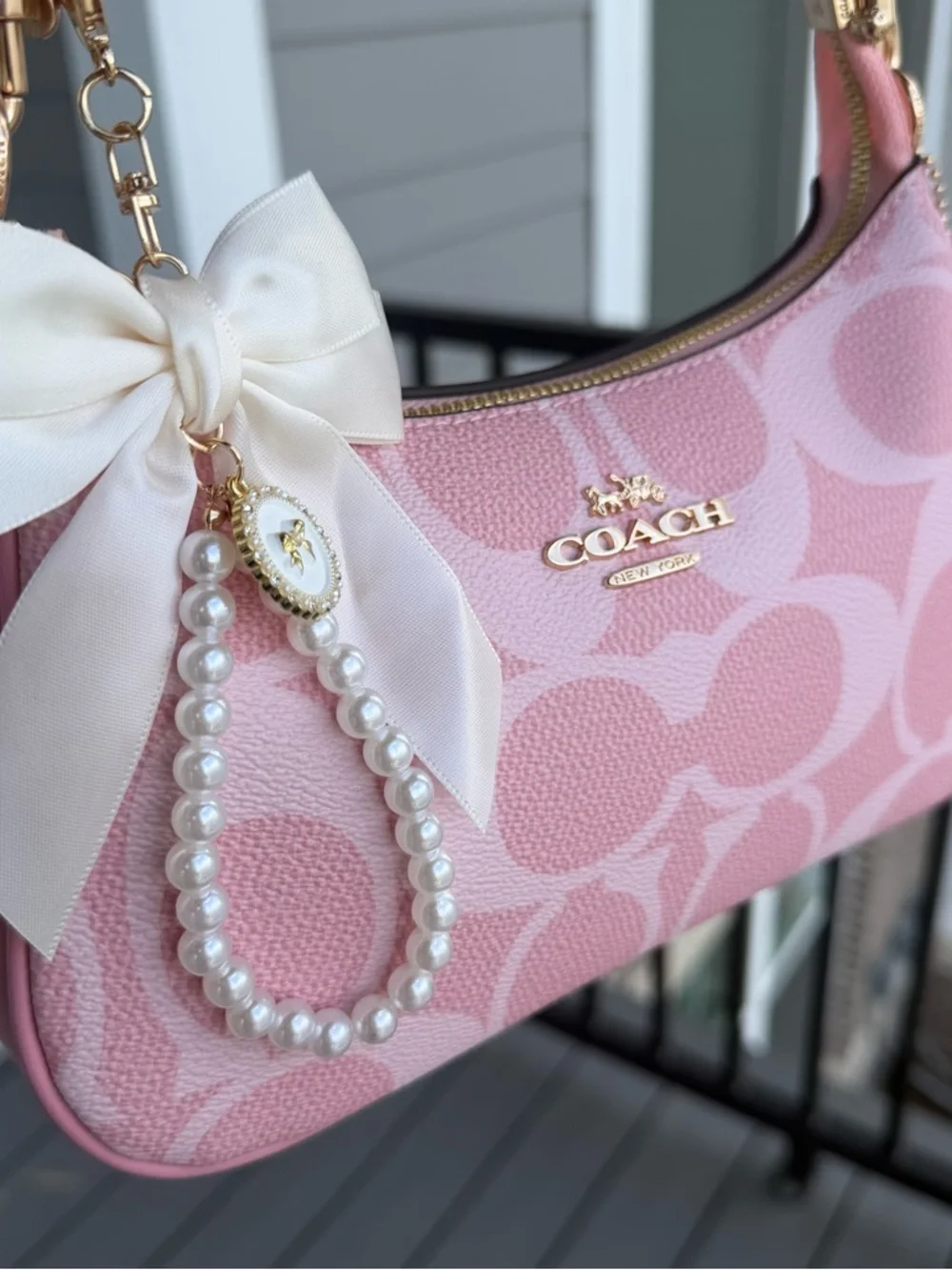 Coach Pink Signature Shoulder Bag with Bow Charm - Picture 4 of 6